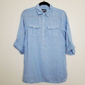 Jones & Co Womens Tunic Top Size S Linen Half Button Roll Tab Sleeve Pocket Blue